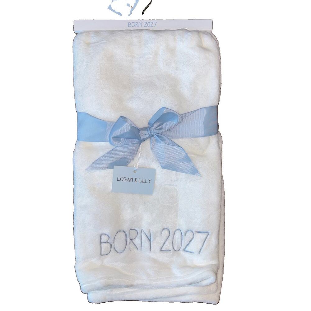 Baby Born 2027 White Blue Soft Baby Blanket 30” x 40” Gift Boy Logan & Lilly NEW